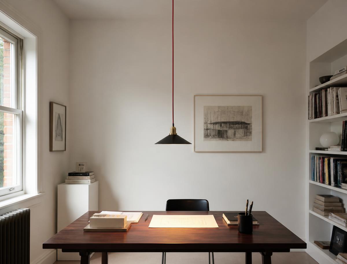Pendente preto com fio vermelho sobre mesa de madeira escura em escritório